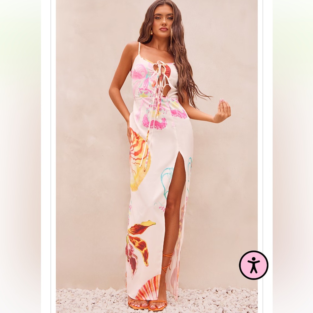 Multi Shell Print Asymmetric Tie Strappy Midaxi Dress